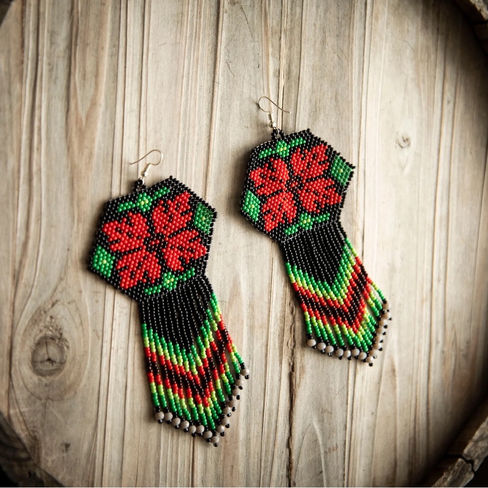 Elegant Floral Beaded Earrings in Red and Green